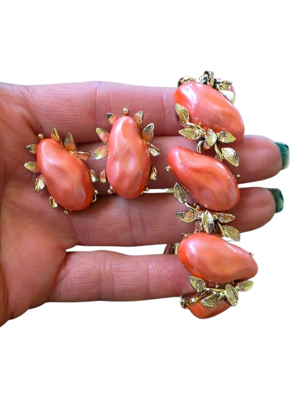 Vintage BSK Coral Thermoset Bracelet & Clip Earring Set Mid Century